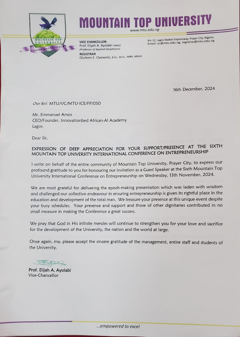 Mountain Top University acknowledgement letter